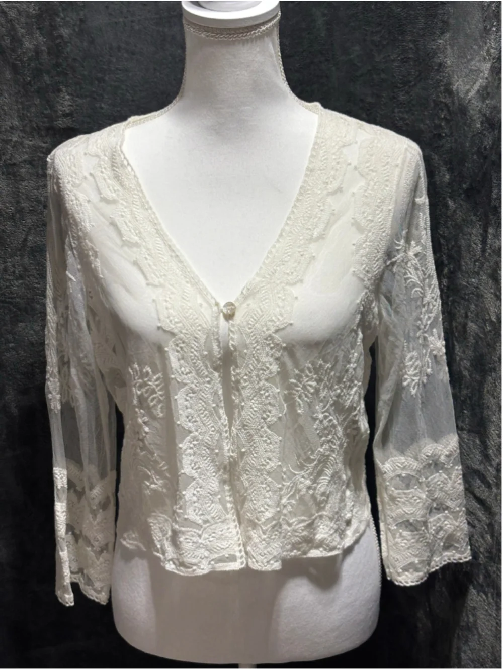 Rabbit Rabbit Rabbit Vintage Off-White Sheer Lace Cropped Shrug Cardigan MED EUC - Picture 1 of 11